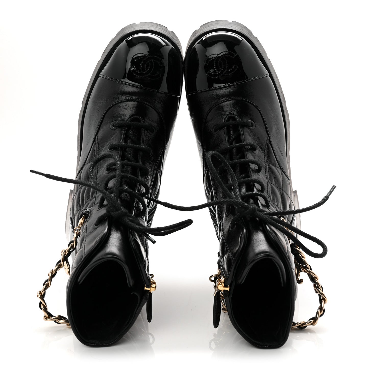 Shiny Calfskin Patent Quilted Chain Lace Up Combat Boots 38 Black