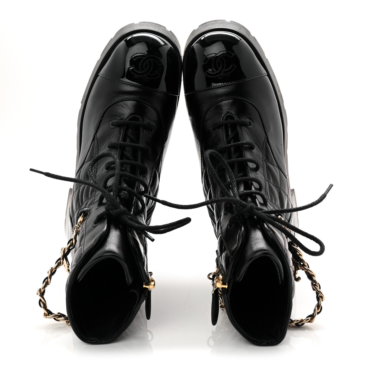 Chanel Shiny Calfskin Patent Quilted Chain Lace Up Combat Boots 38 Black 5 of 10