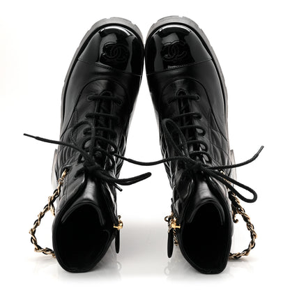 Chanel Shiny Calfskin Patent Quilted Chain Lace Up Combat Boots 38 Black 5 of 10