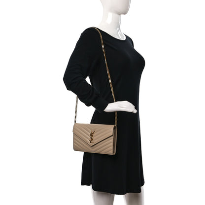 Saint Laurent Grain De Poudre Matelasse Chevron Monogram Chain Wallet Dark Beige 2 of 9