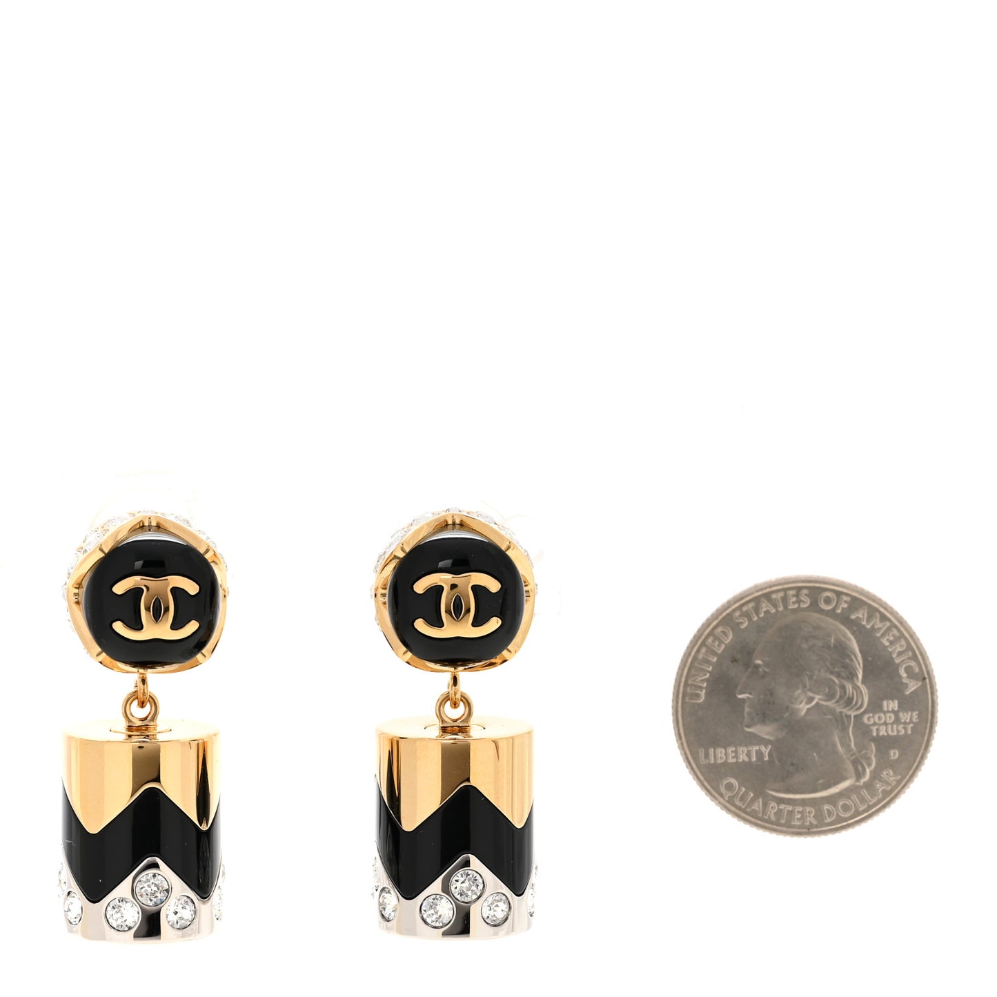 Metal Resin Crystal CC Pendant Earrings Gold Silver Black
