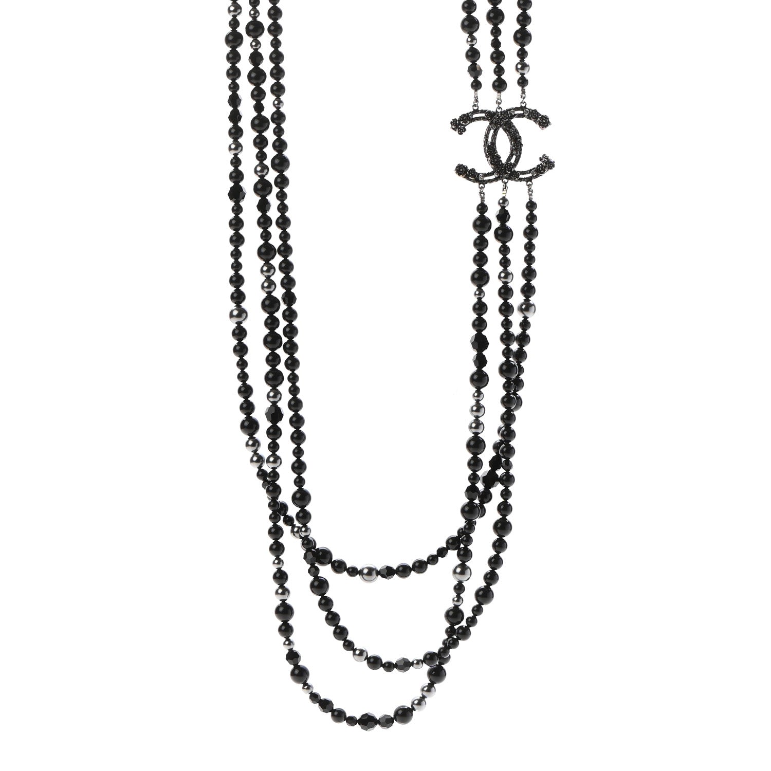 Chanel Pearl Crystal Long CC Necklace Black Black Grey 1 of 6