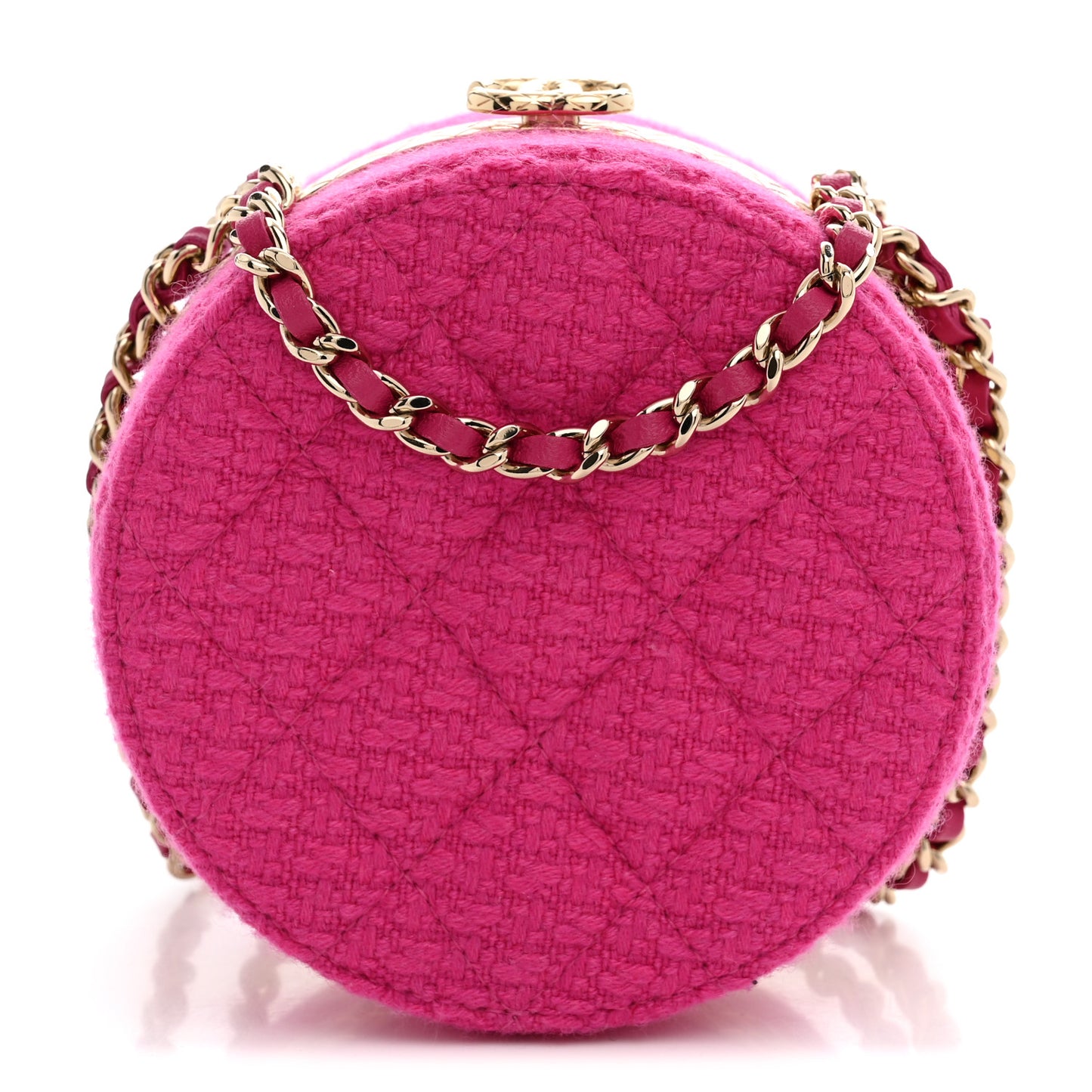 Metal Tweed Quilted Round Lock Frame Vanity Clutch With Chain Pink