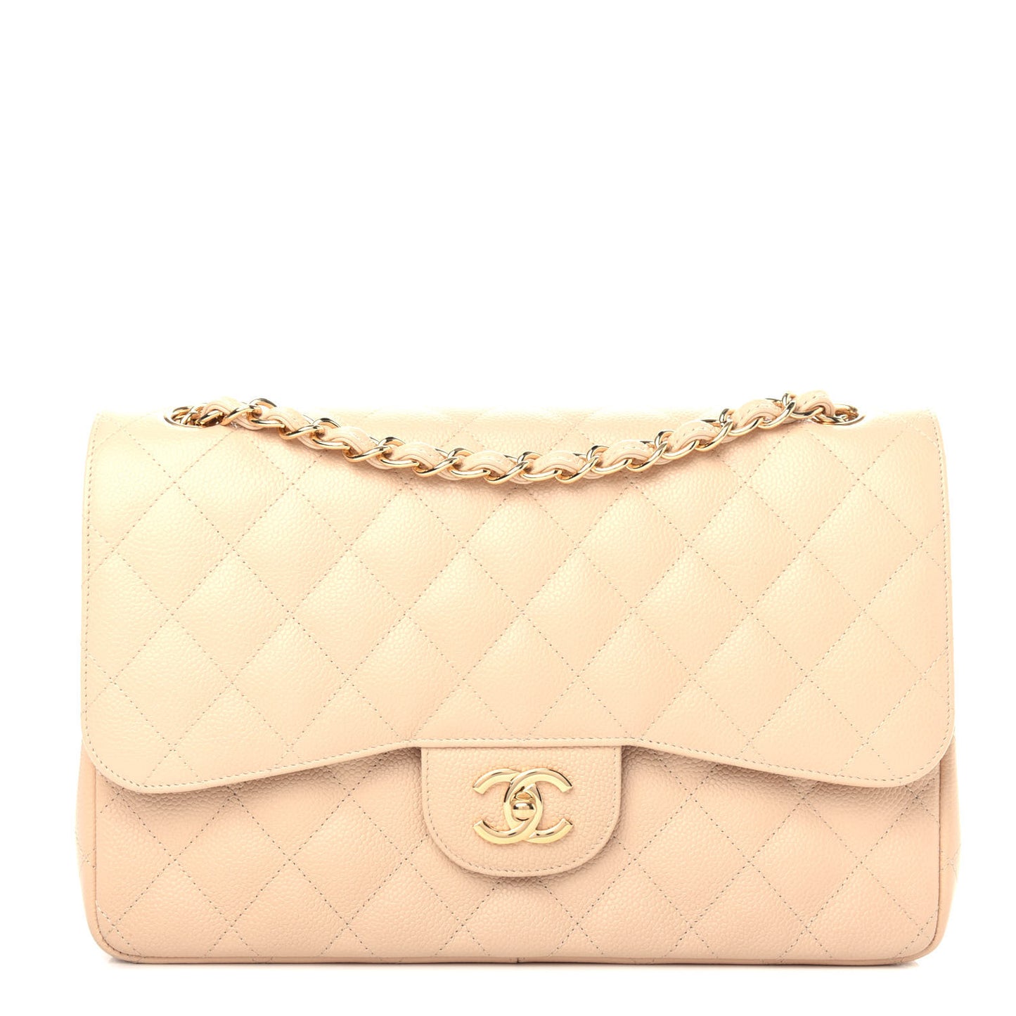 Caviar Quilted Jumbo Double Flap Light Beige