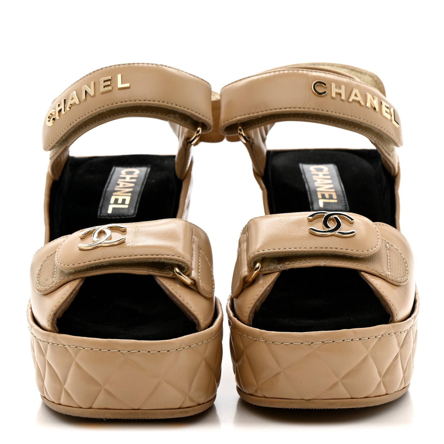 Shiny Calfskin Quilted Wedge Sandals 37 Beige
