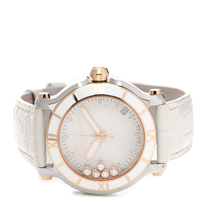 Chopard Stainless Steel 18K Rose Gold Alligator 5 Diamond 35mm Happy Sport Guilloche Quartz Watch White 2 of 5