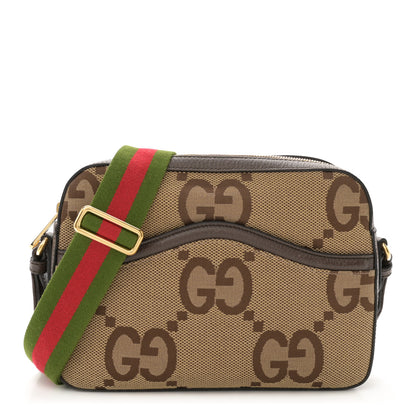 Gucci Monogram Jumbo GG Textured Dollar Calfskin Web Messenger Shoulder Bag Camel Ebony New Acero 1 of 13