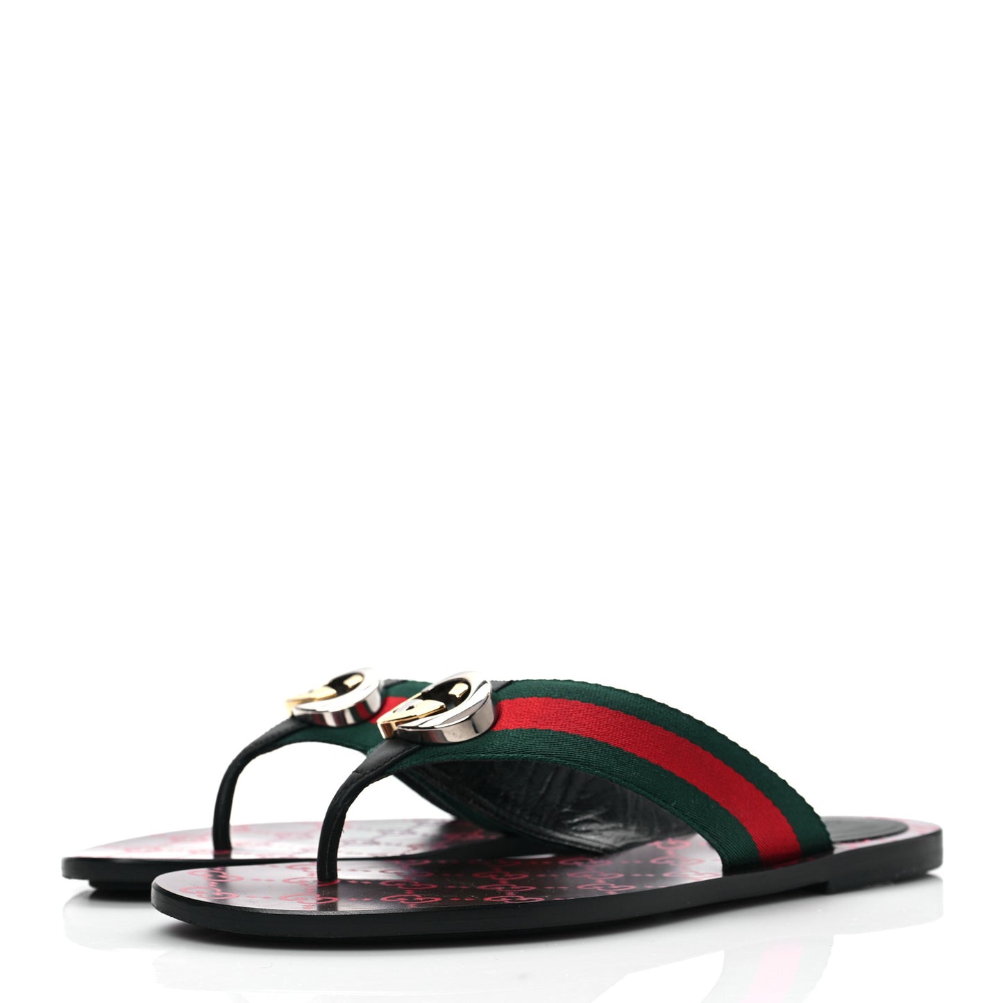 Nylon Calfskin Web GG Monogram Womens Thong Sandals 37 Green Red Cocoa