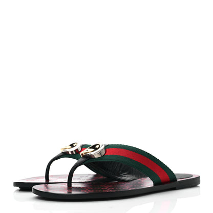 Gucci Nylon Calfskin Web GG Monogram Womens Thong Sandals 37 Green Red Cocoa 3 of 7