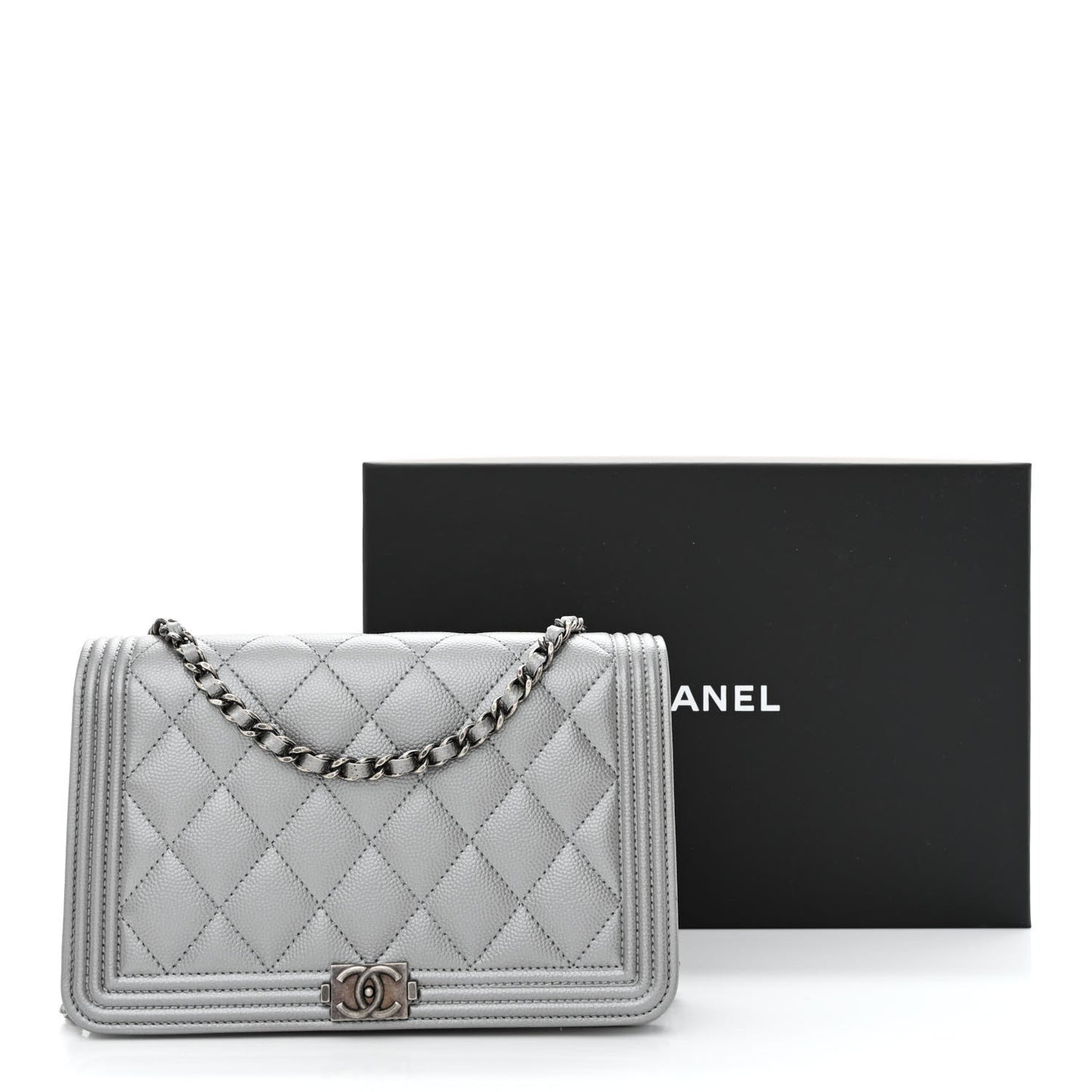 Metallic Caviar Quilted Boy Wallet On Chain WOC Silver