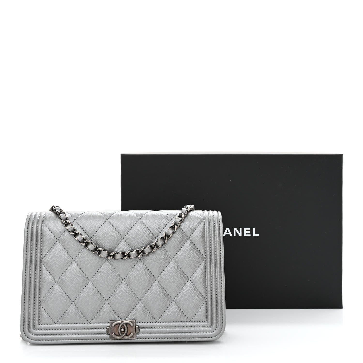 Chanel Metallic Caviar Quilted Boy Wallet On Chain WOC Silver 12 of 12