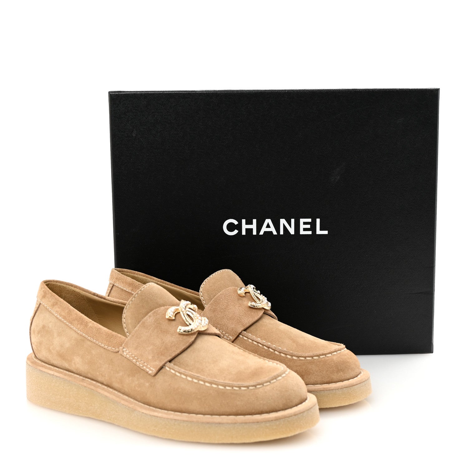 Chanel Suede Calfskin Pearl CC Moccasin Loafers 36.5 Dark Beige