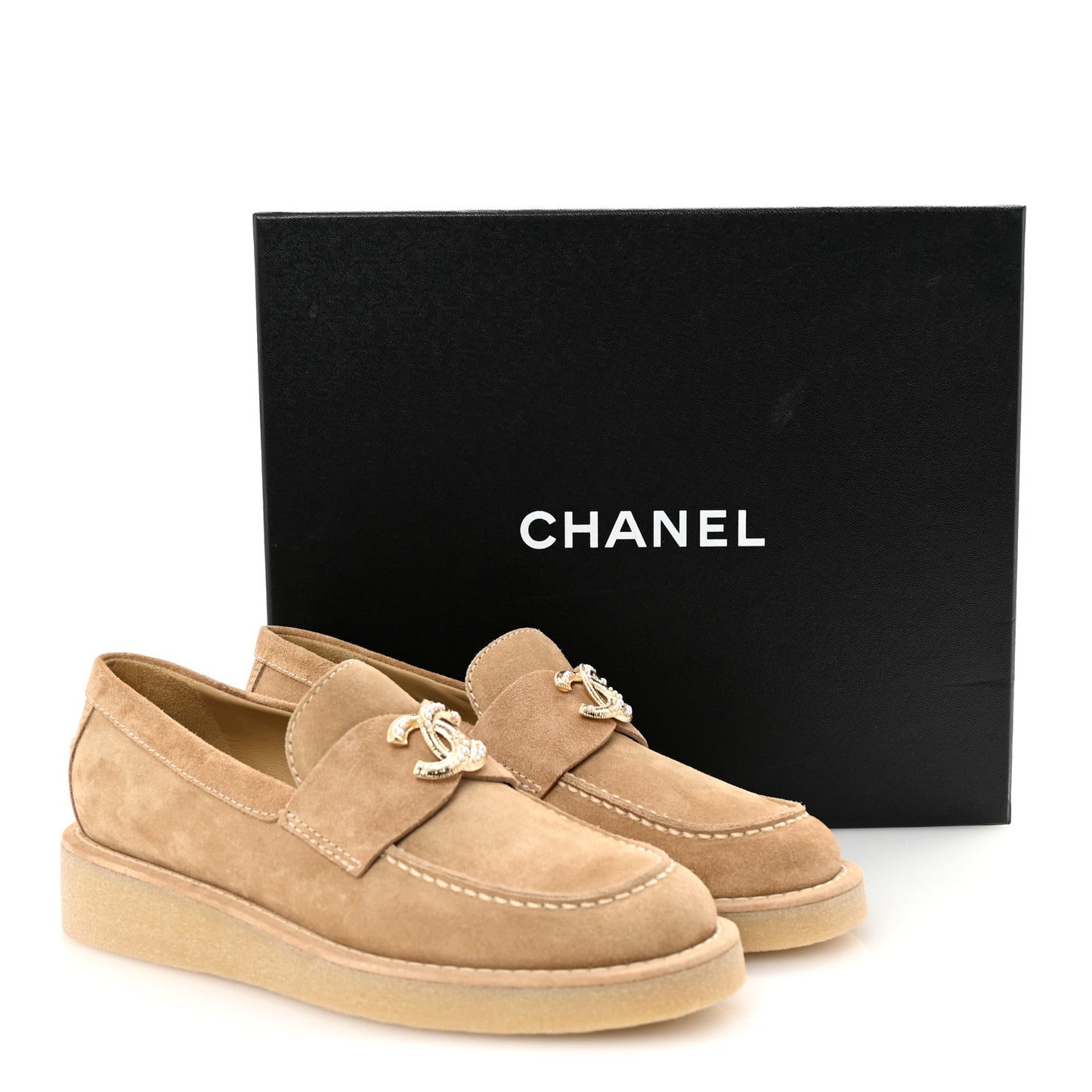 Suede Calfskin Pearl CC Moccasin Loafers 36.5 Dark Beige
