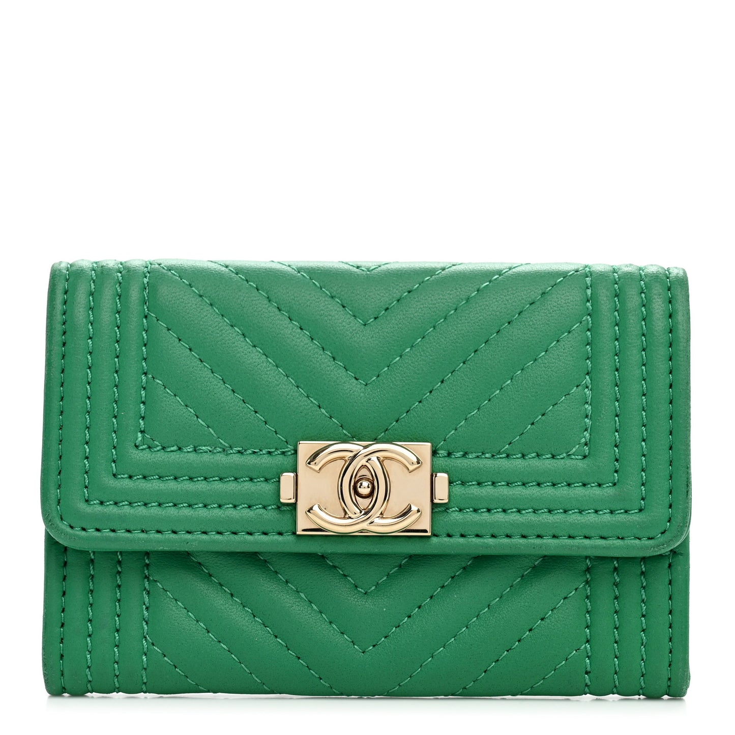 Lambskin Chevron Quilted Boy Card Holder Wallet Green