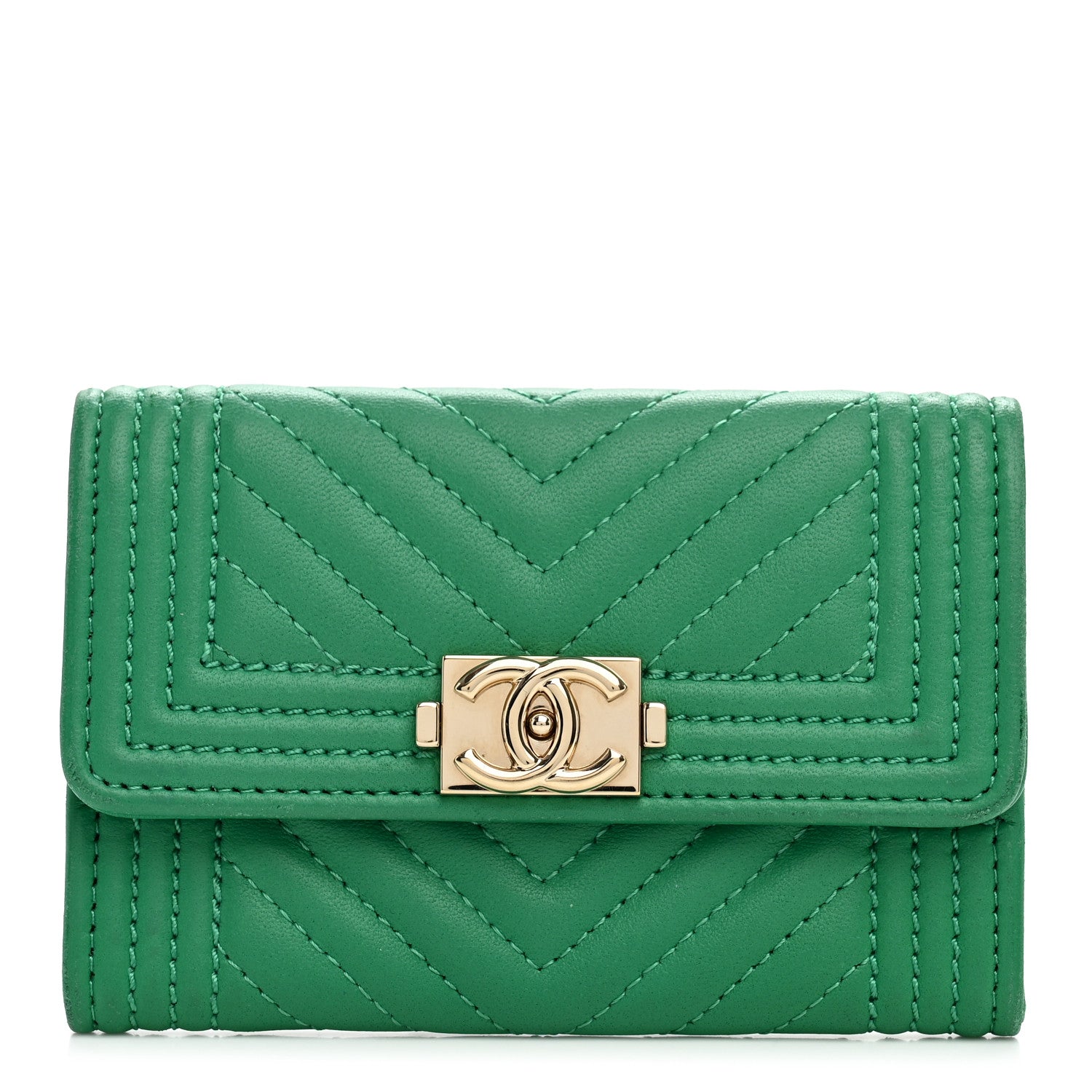 Chanel Lambskin Chevron Quilted Boy Card Holder Wallet Green 1 of 8