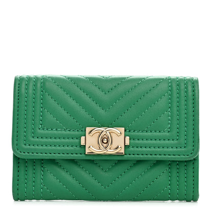 Chanel Lambskin Chevron Quilted Boy Card Holder Wallet Green 1 of 8