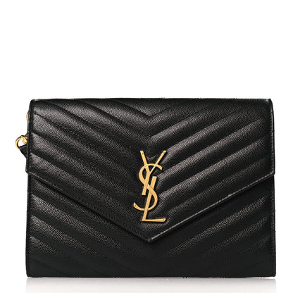 Saint Laurent Grain De Poudre Matelasse Chevron Monogram Envelope Clutch Black 1 of 10