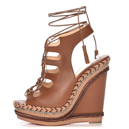 Christian Louboutin Calfskin Spagana 140 Lace Up Platform Wedge Sandals 39 Fauve 1 of 7