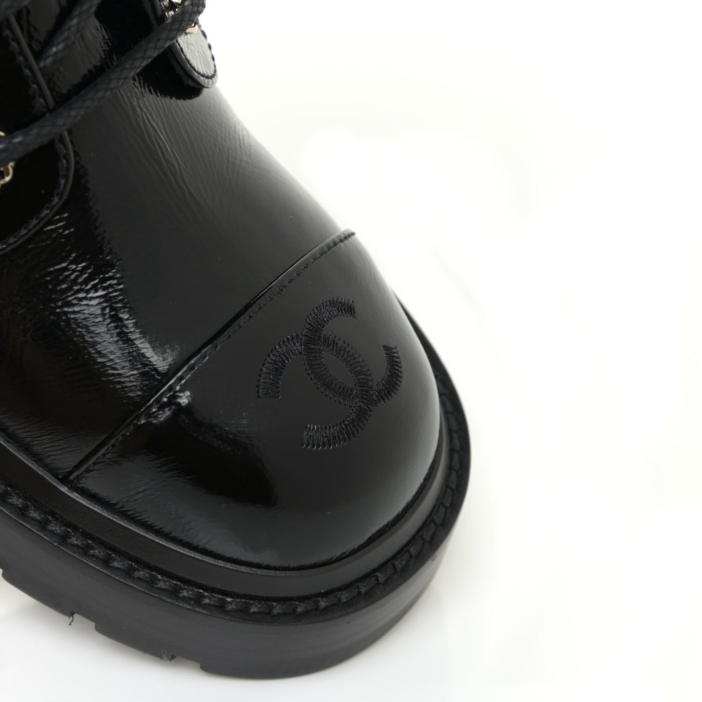 Shiny Calfskin Quilted Lace Up Combat Boots 37.5 Black
