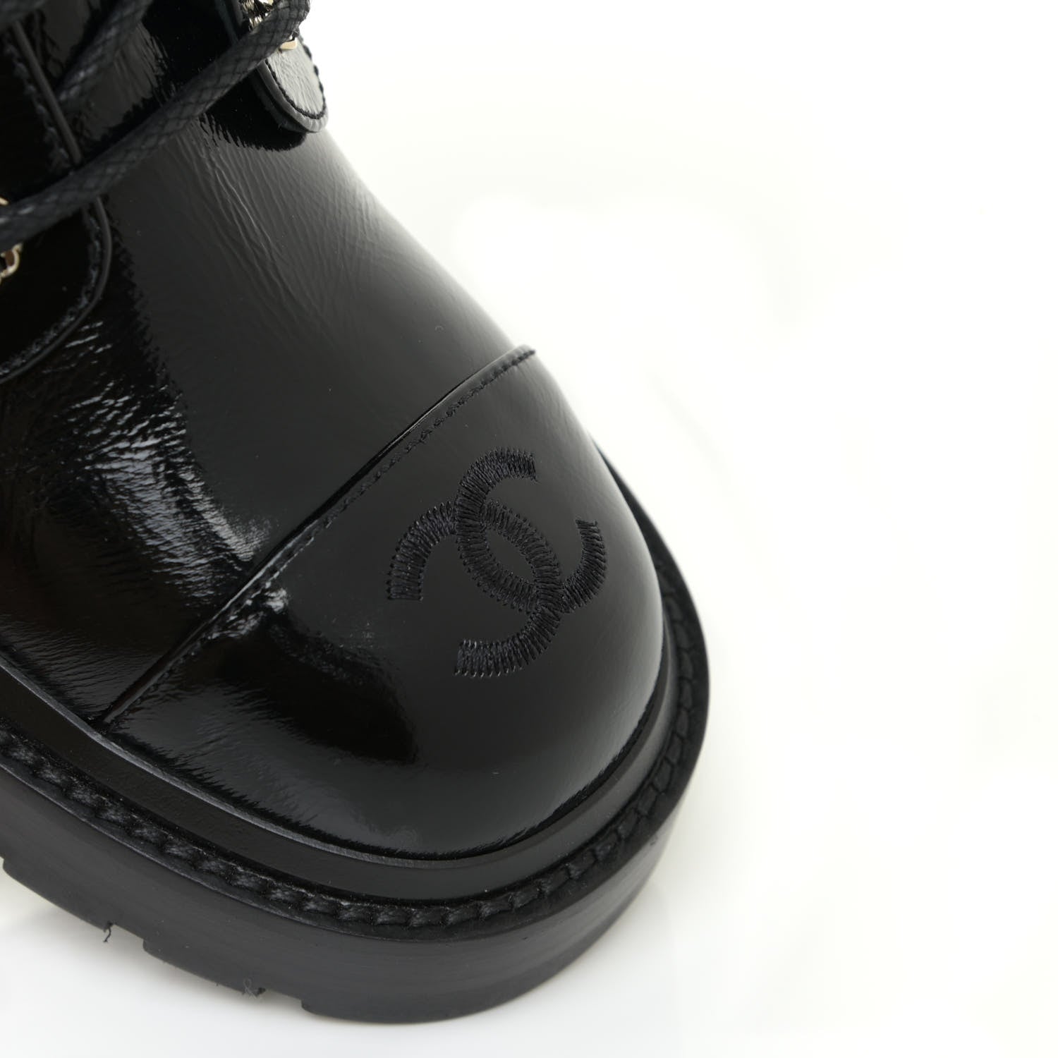 Chanel Shiny Calfskin Quilted Lace Up Combat Boots 37.5 Black 11 of 15