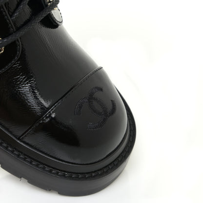 Chanel Shiny Calfskin Quilted Lace Up Combat Boots 37.5 Black 11 of 15