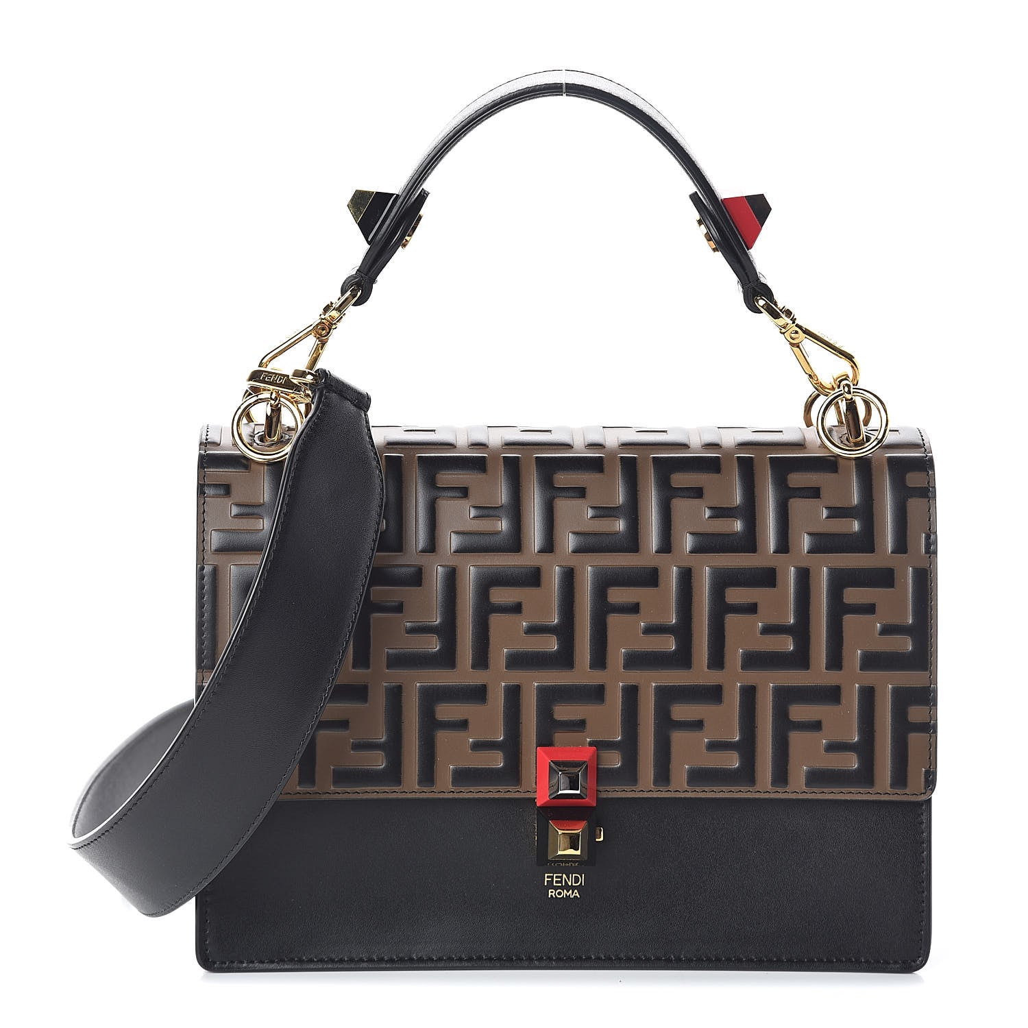 Fendi Vitello Liberty Bi-Color FF 1974 Embossed Kan I Shoulder Bag Black Maya 1 of 9
