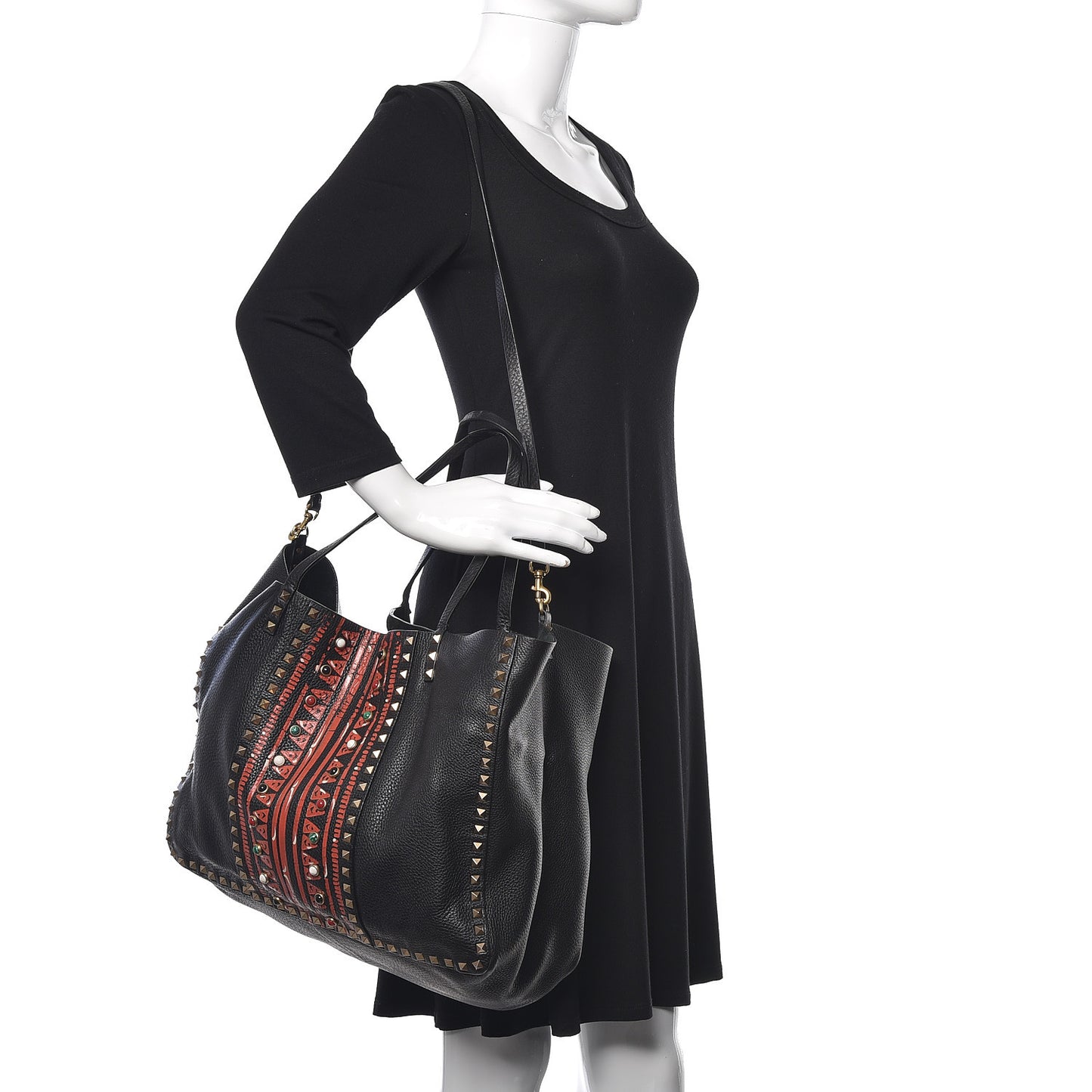 Grained Calfskin Tribal Large Rockstud Rolling Crossbody Tote Black