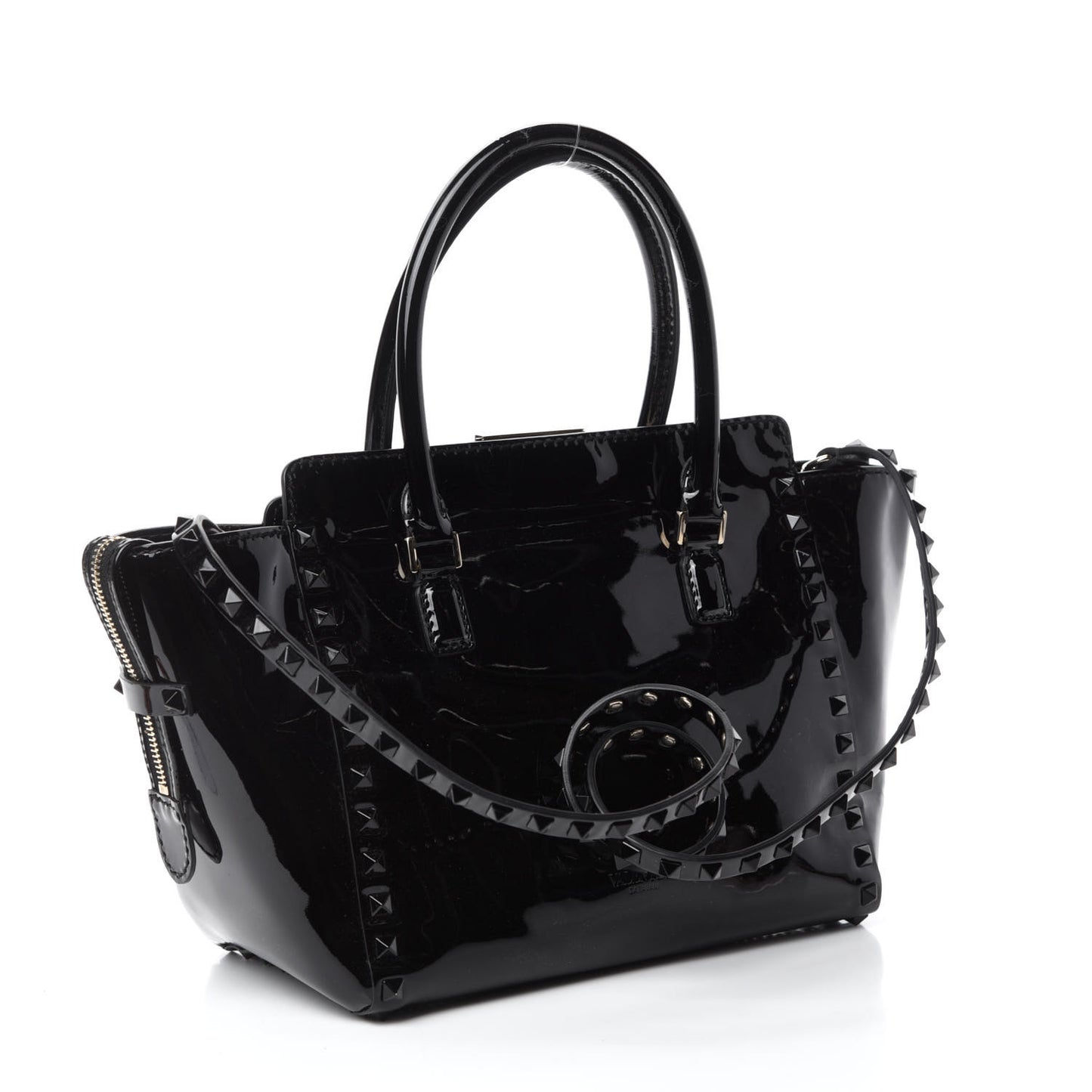 Patent Monochrome Small Rockstud Double Handle Tote Black