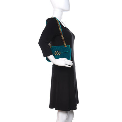Gucci Velvet Matelasse Mini GG Marmont Shoulder Bag Pavone Cyan 3 of 11