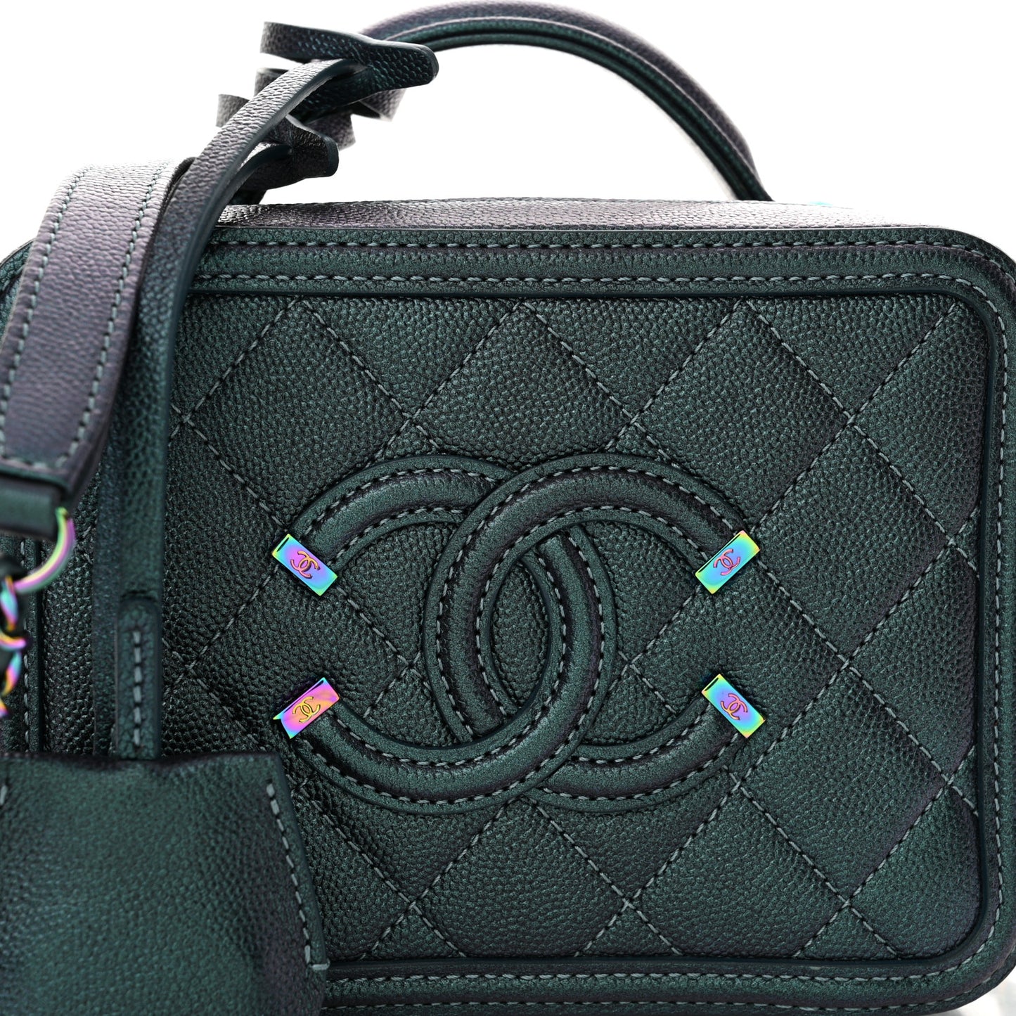 Iridescent Caviar Quilted Small CC Filigree Vanity Case Dark Turquoise