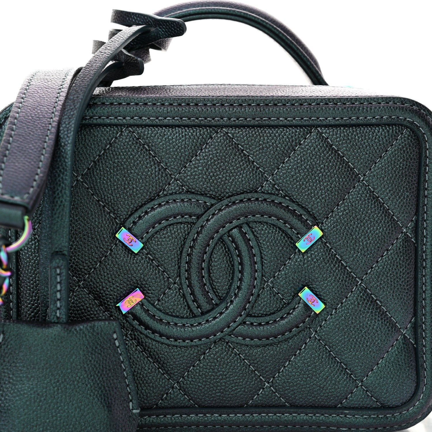 Chanel Iridescent Caviar Quilted Small CC Filigree Vanity Case Dark Turquoise 8 of 11
