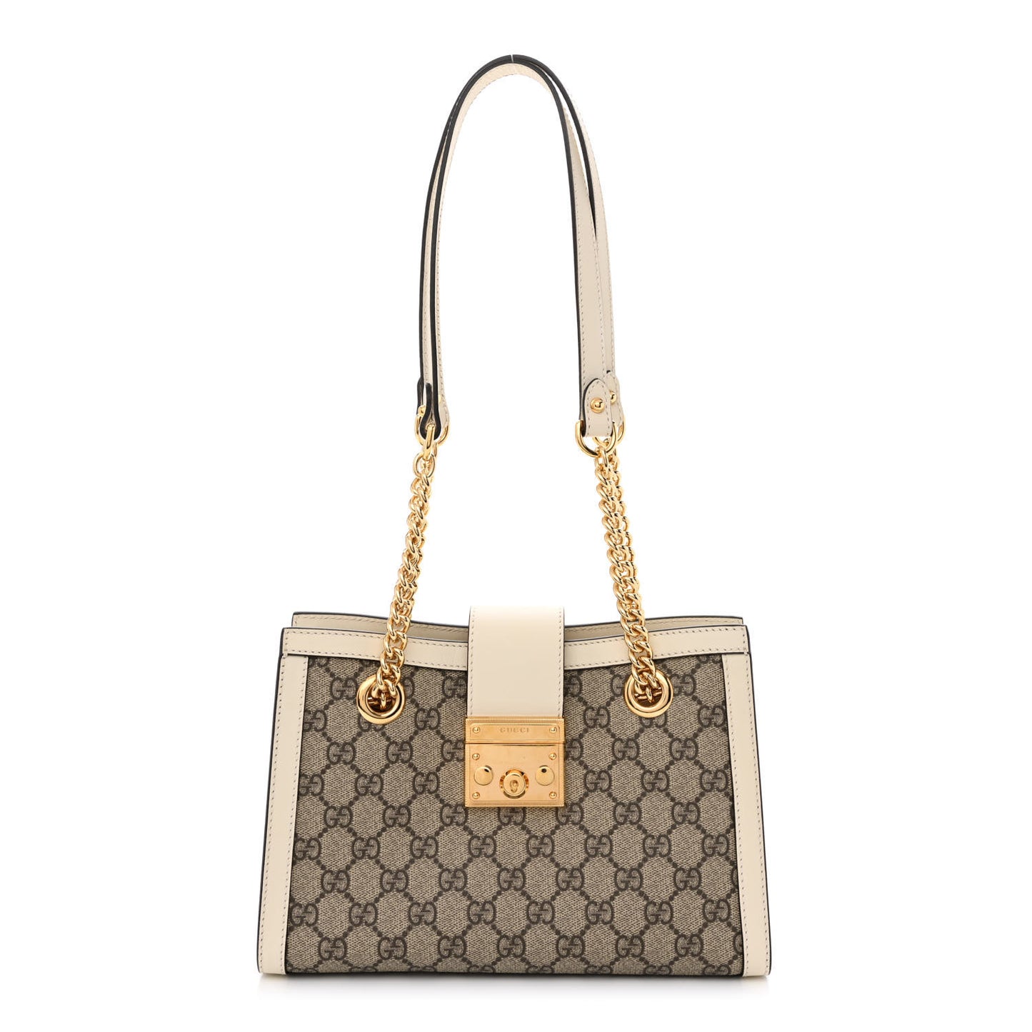 GG Supreme Monogram Moon Calfskin Small Padlock Tote Beige Ebony Mystic White