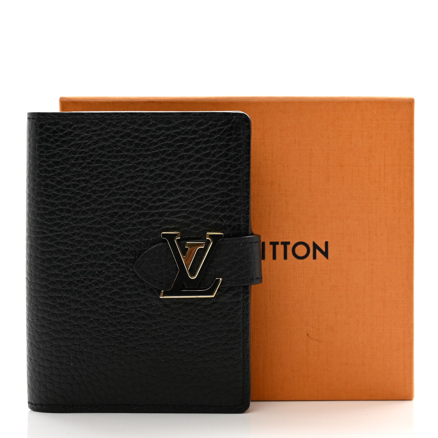 Taurillon Capucines Vertical Compact Wallet Black