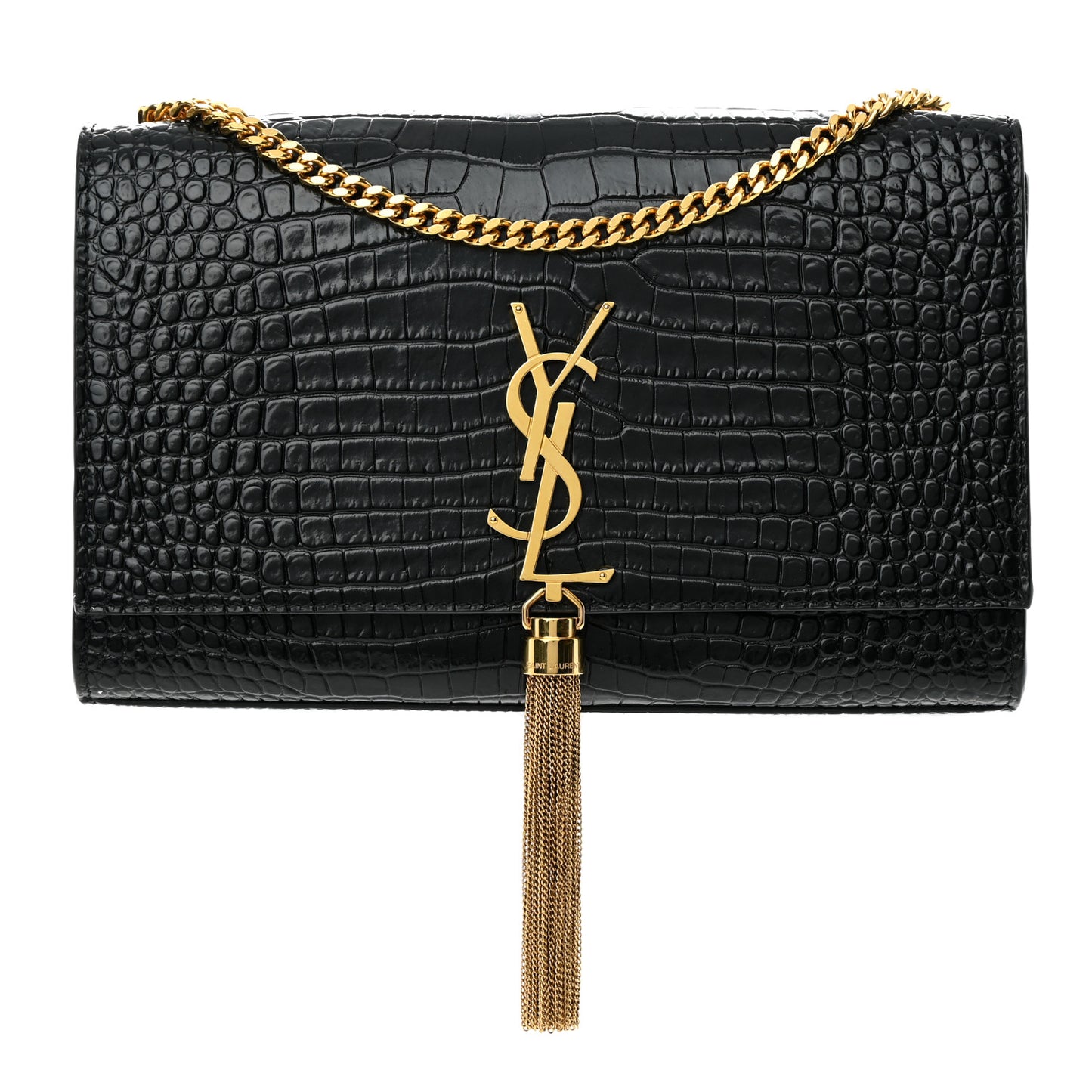 Calfskin Crocodile Embossed Medium Classic Monogram Kate Tassel Satchel Black