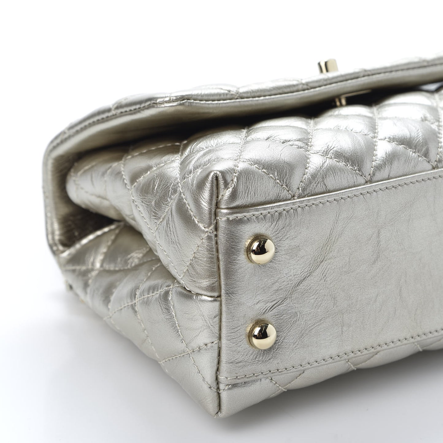 Metallic Aged Calfskin Quilted Mini Coco Handle Flap Silver