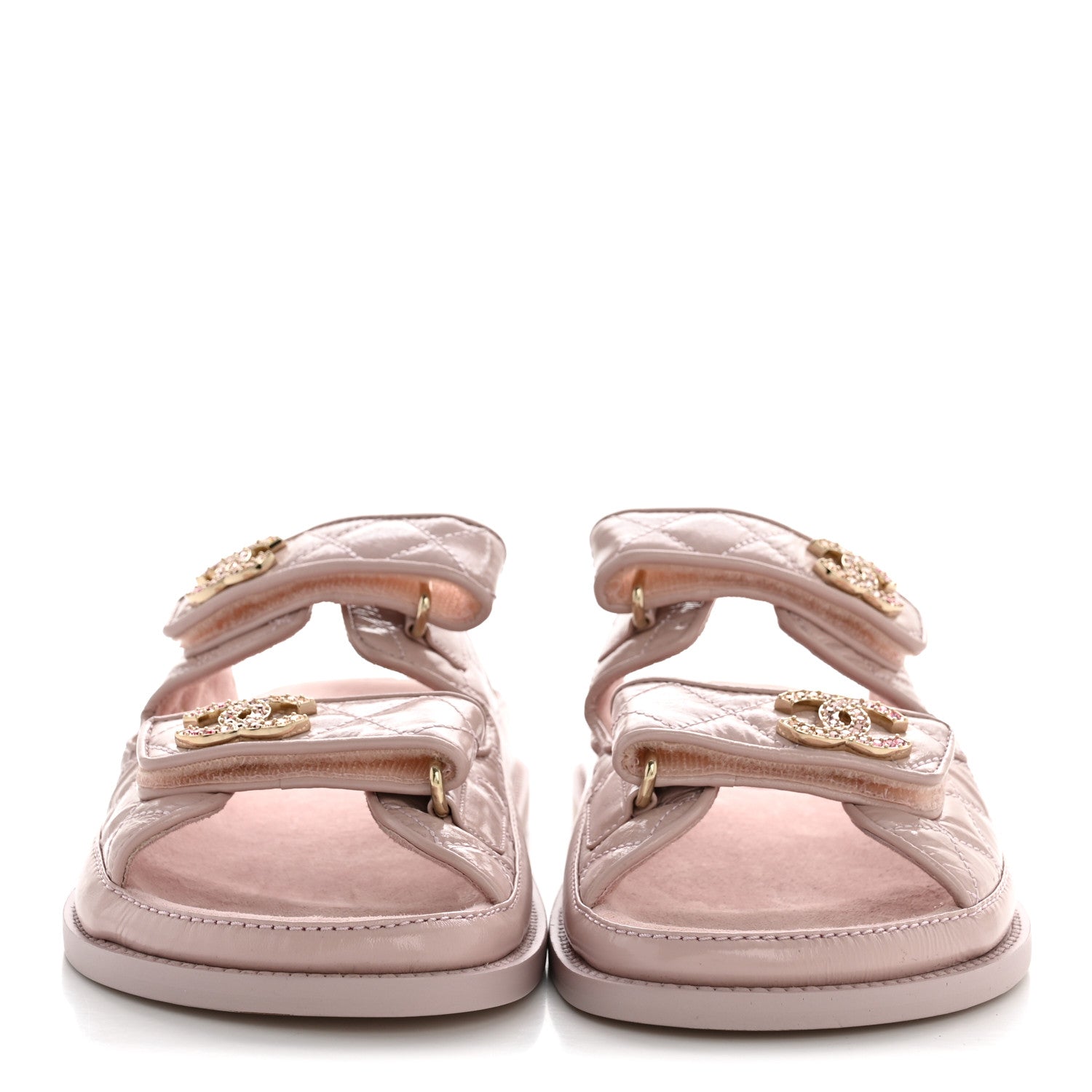 Chanel Shiny Calfskin Crystal Quilted Velcro Dad CC Slide Sandals