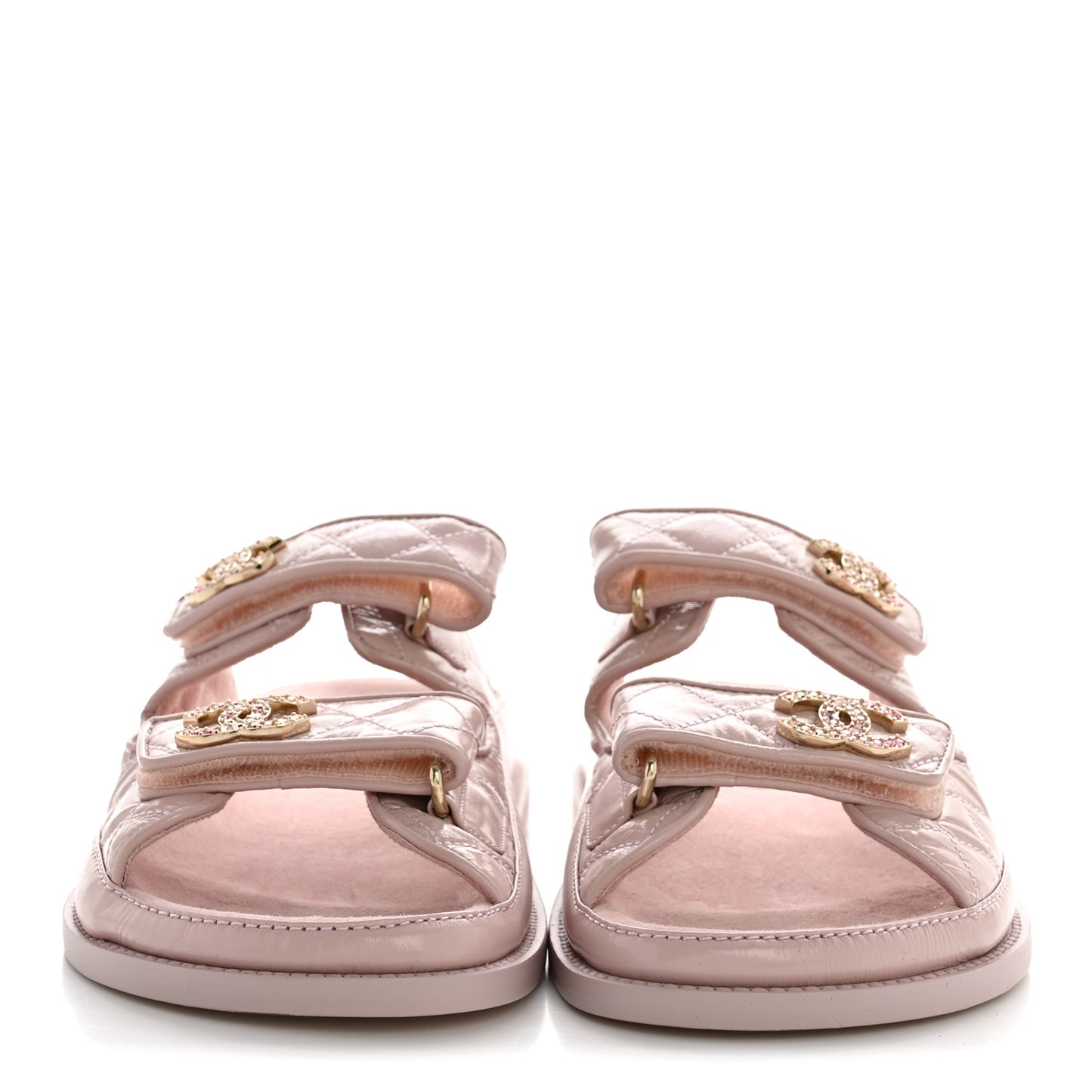 Shiny Calfskin Crystal Quilted Velcro Dad CC Slide Sandals 38 Light Pink