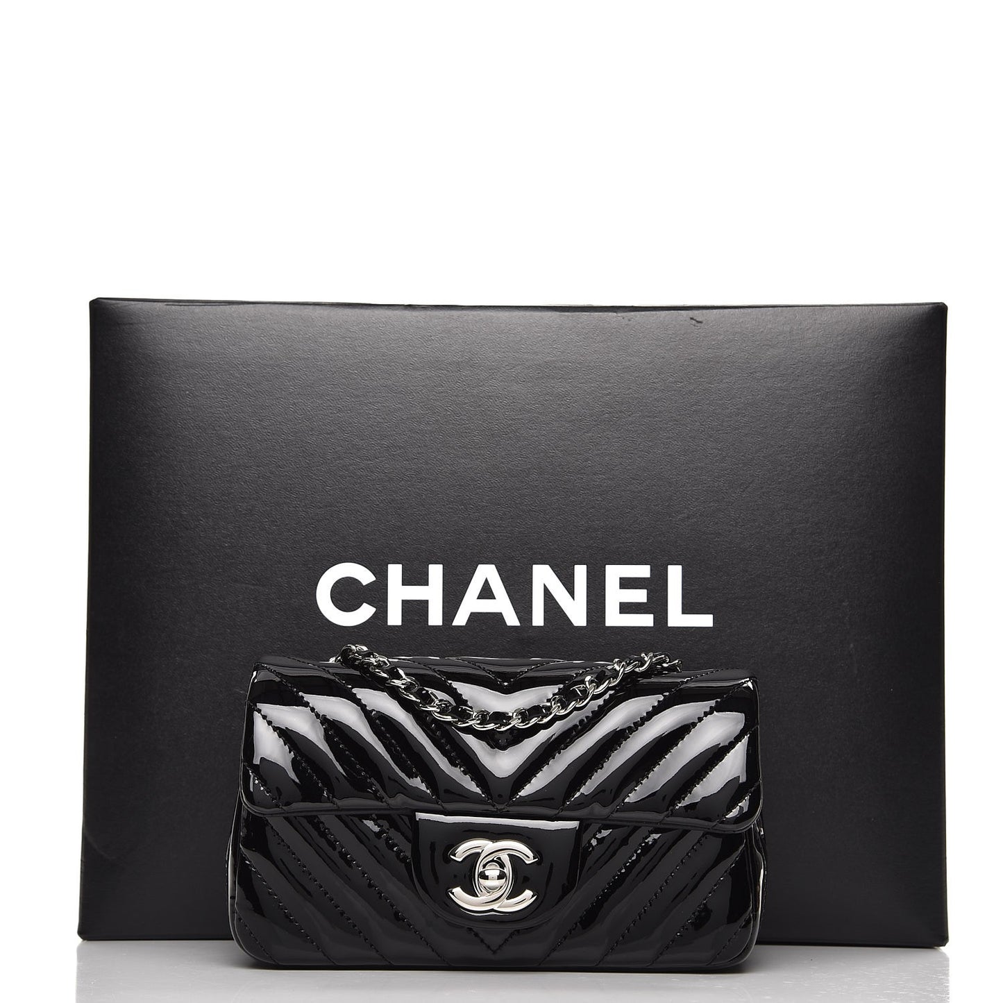 Patent Calfskin Chevron Quilted Extra Mini Flap Black