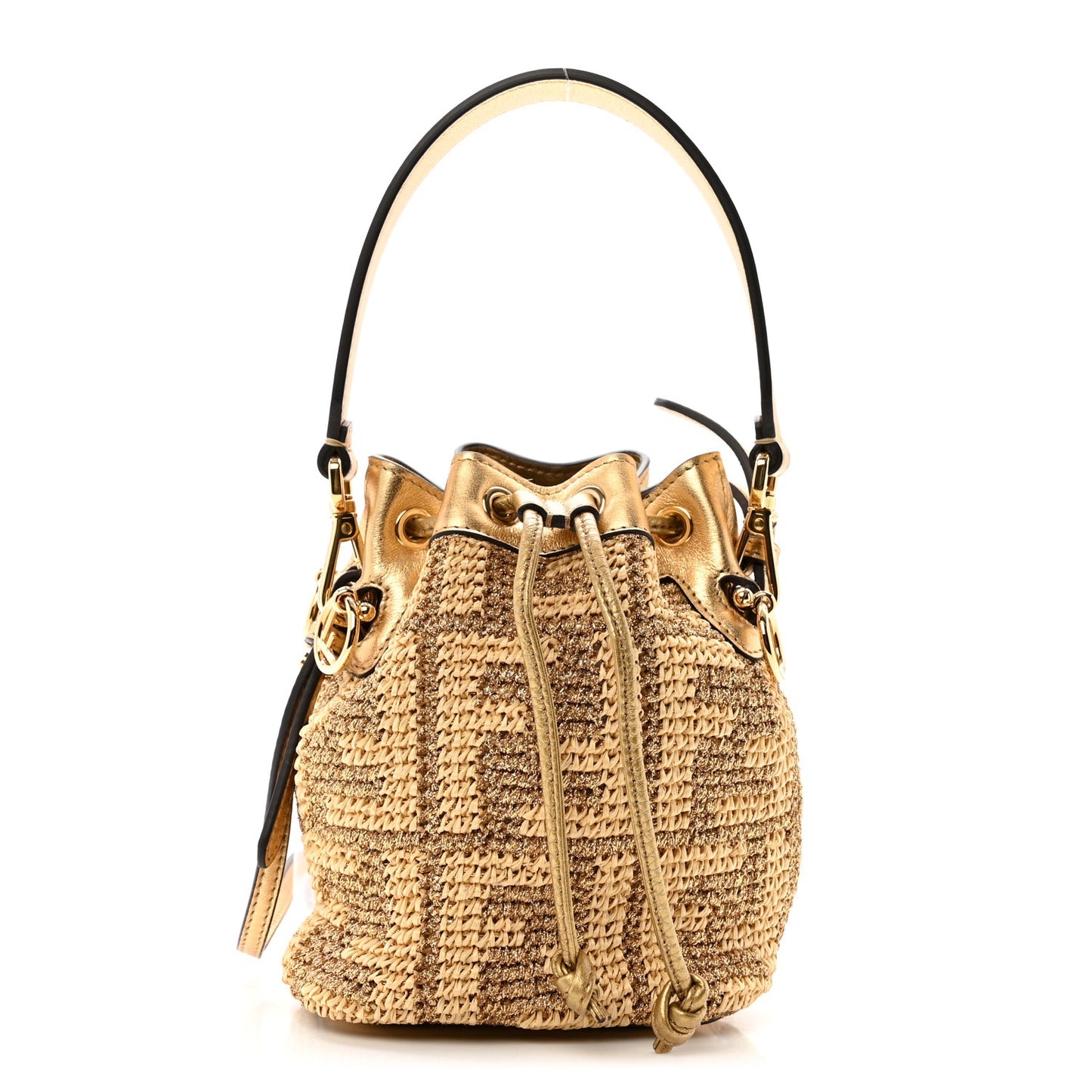Raffia Lurex Vitello Laminato F is Fendi FF Crochet Mini Mon Tresor Bucket Bag Natural Oro