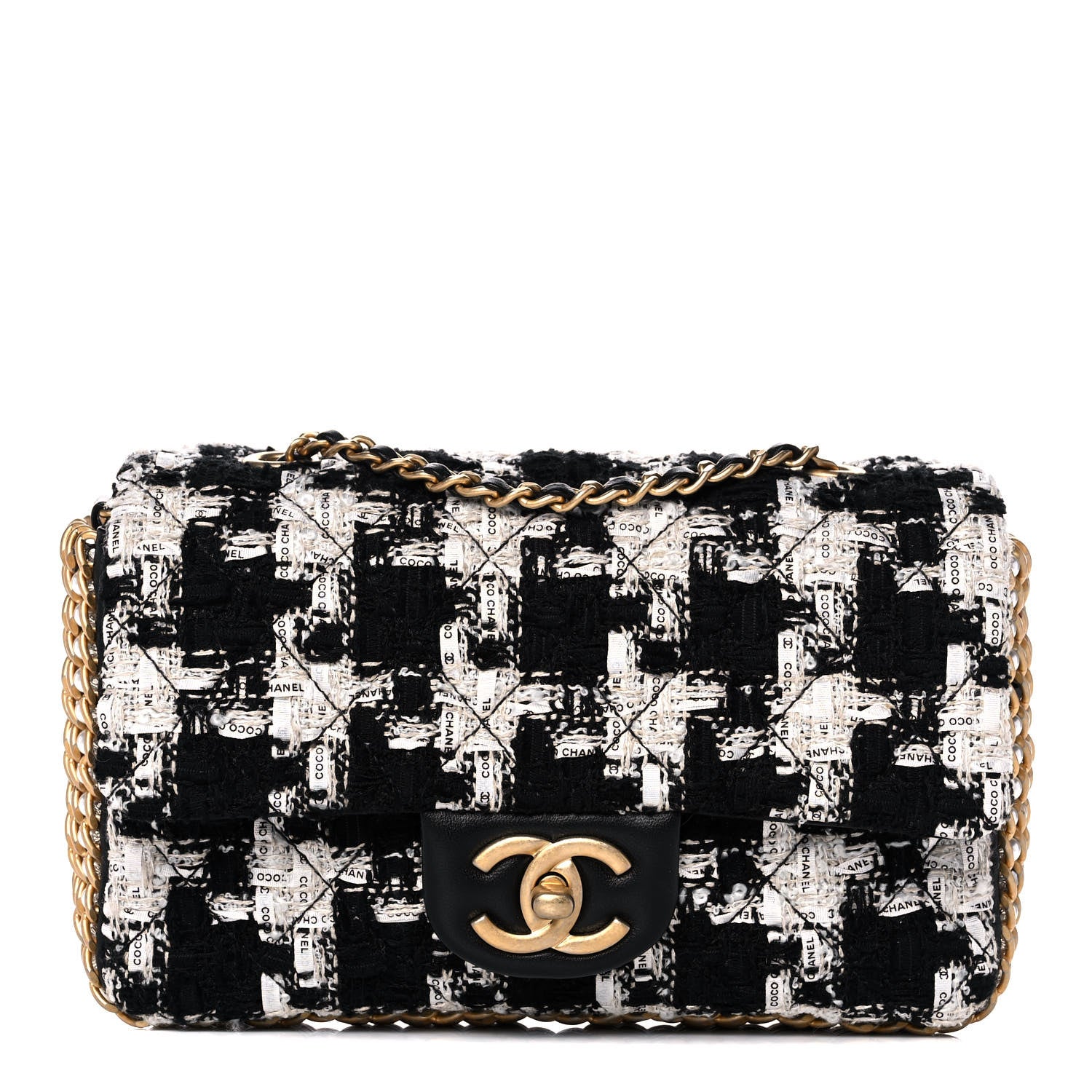 Chanel Tweed Quilted Mini Side Pearl Flap Bag Black Ecru White 1 of 13