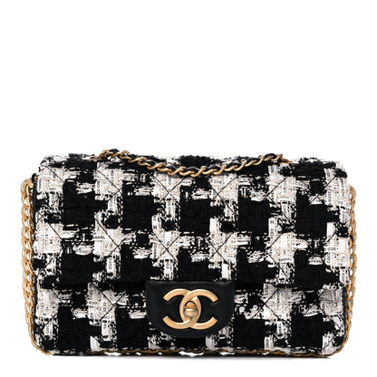 Chanel Tweed Quilted Mini Side Pearl Flap Bag Black Ecru White 1 of 13