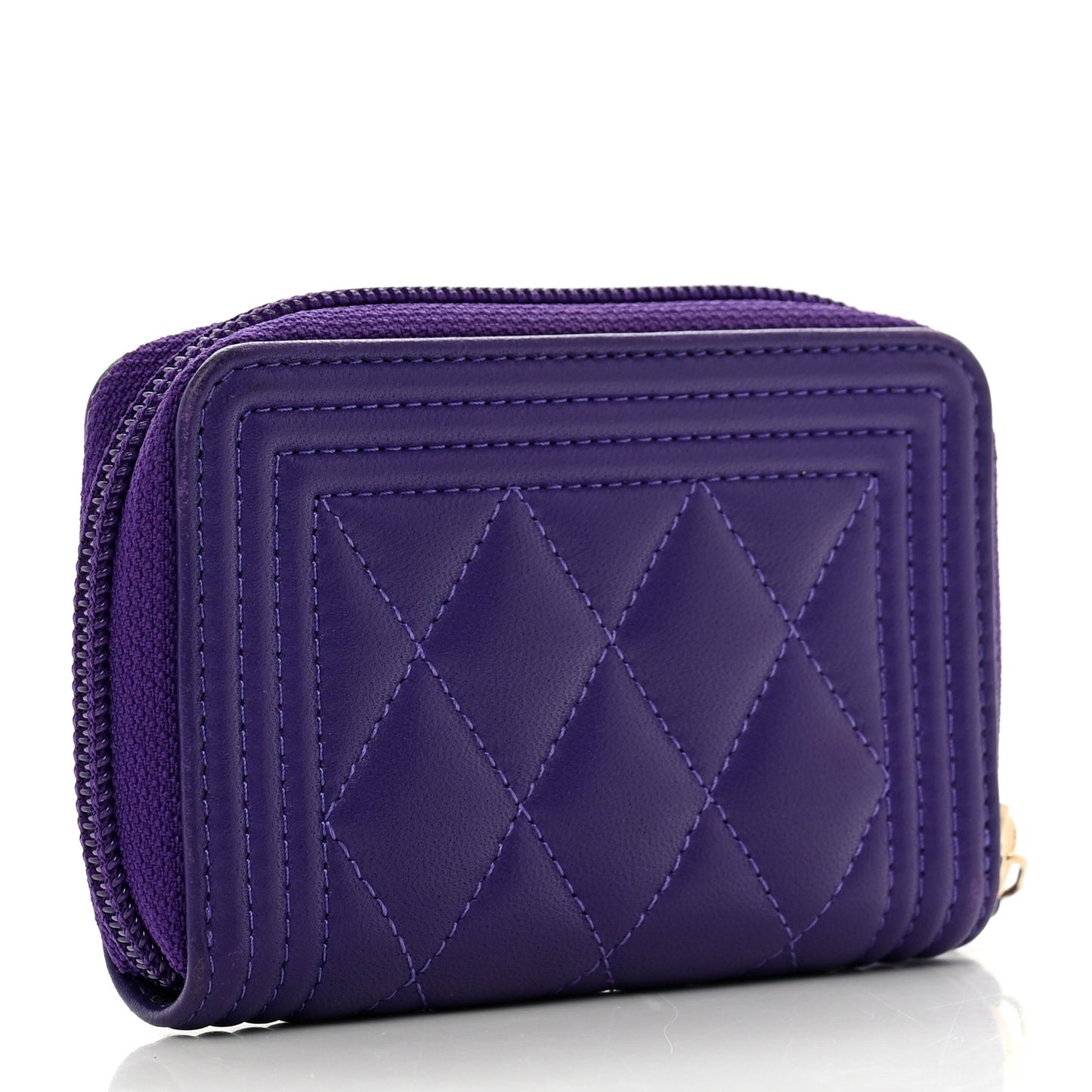 Lambskin Quilted Boy Zip Around Coin Purse Wallet Purple