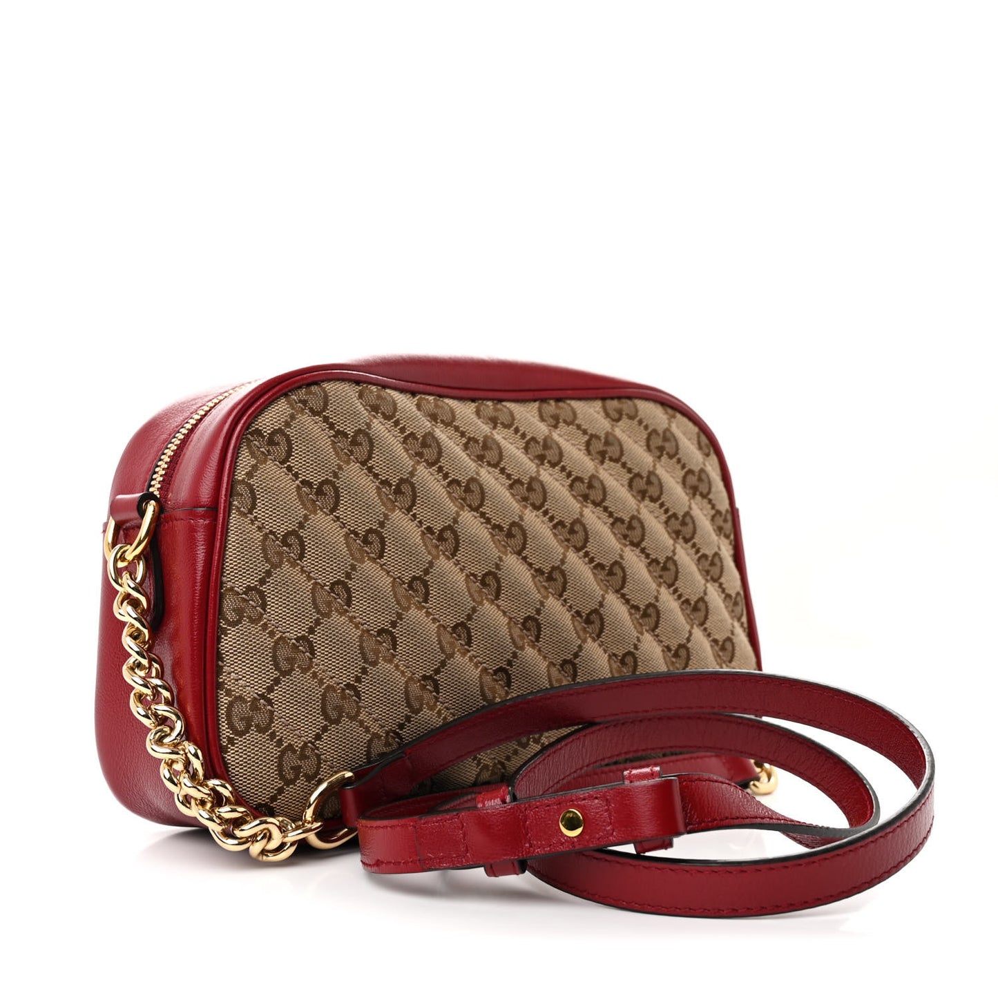 Monogram Azalea Calfskin Matelasse Diagonal Small GG Marmont Chain Shoulder Bag Beige Ebony New Cherry Red