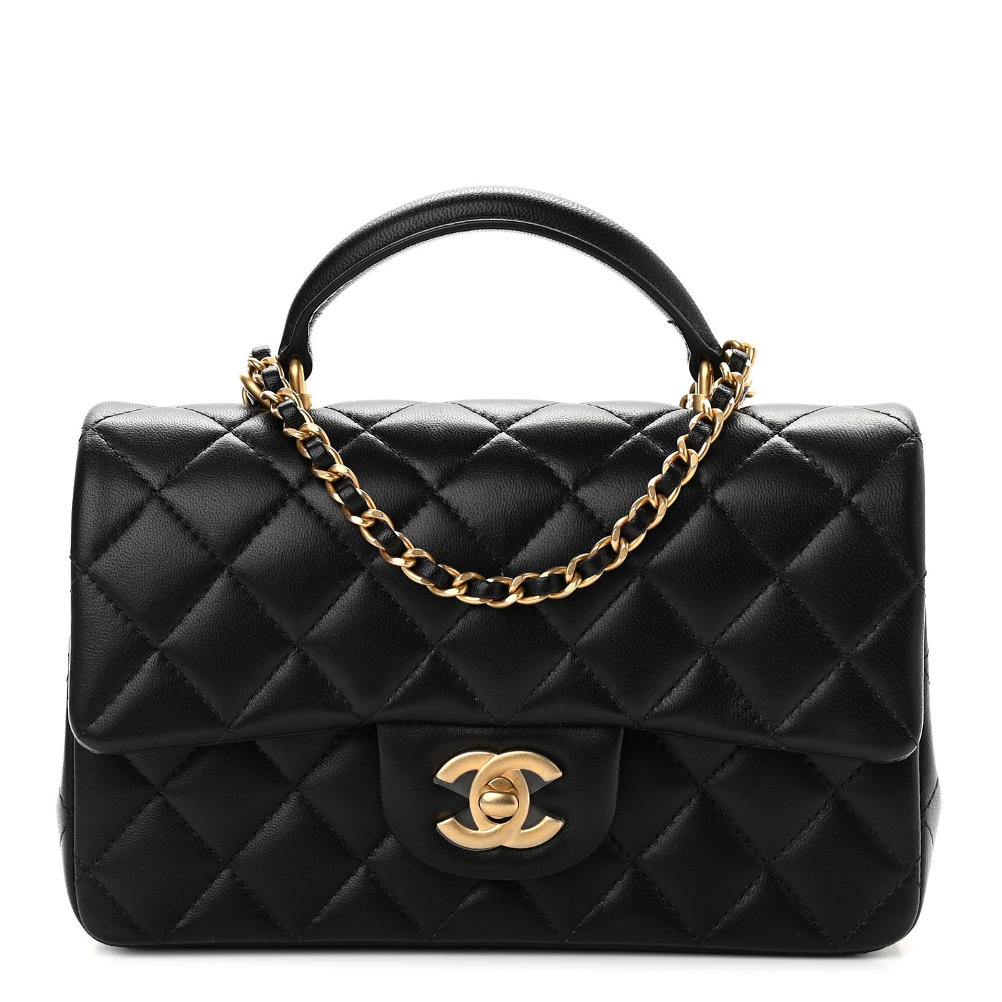 Lambskin Quilted Mini Top Handle Rectangular Flap Black