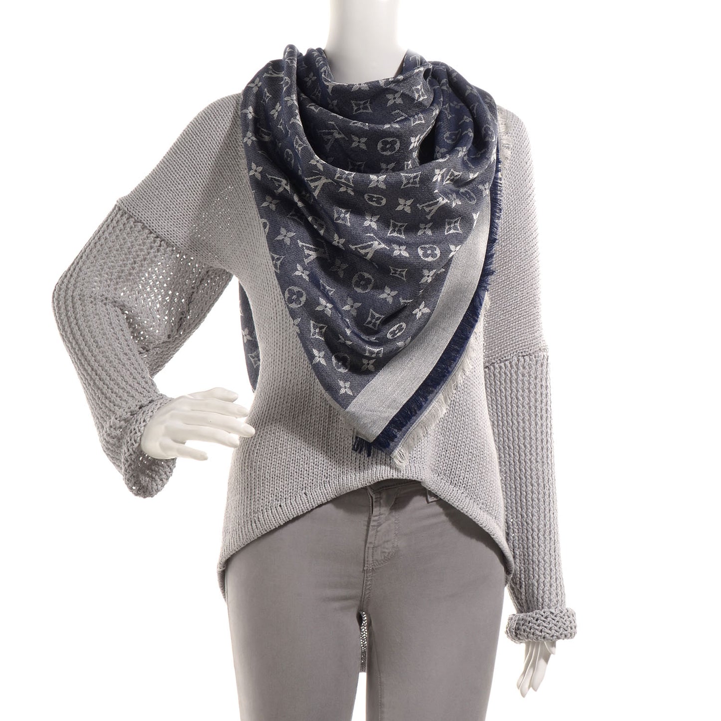 Silk Wool Monogram Denim Shawl Blue