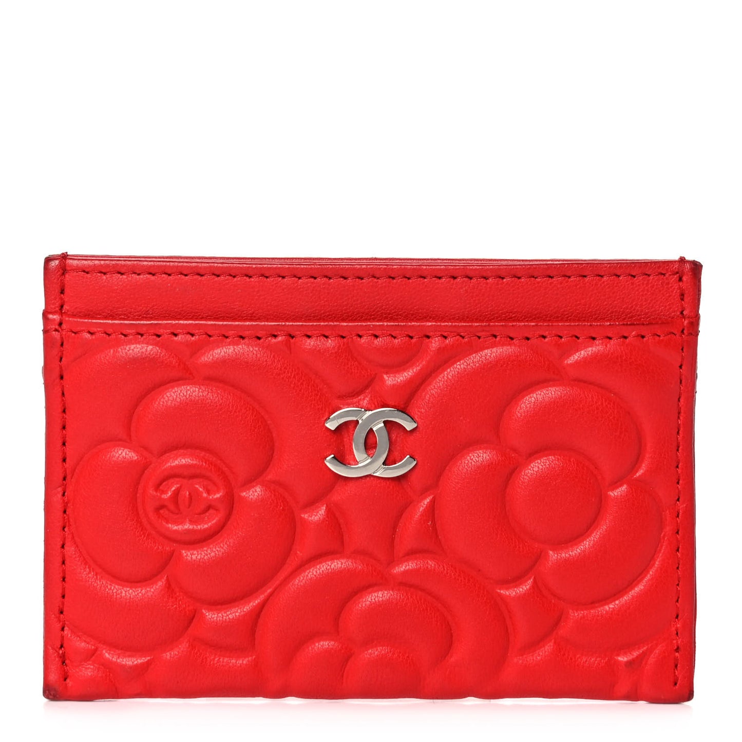 Lambskin Camellia Embossed Card Holder Red
