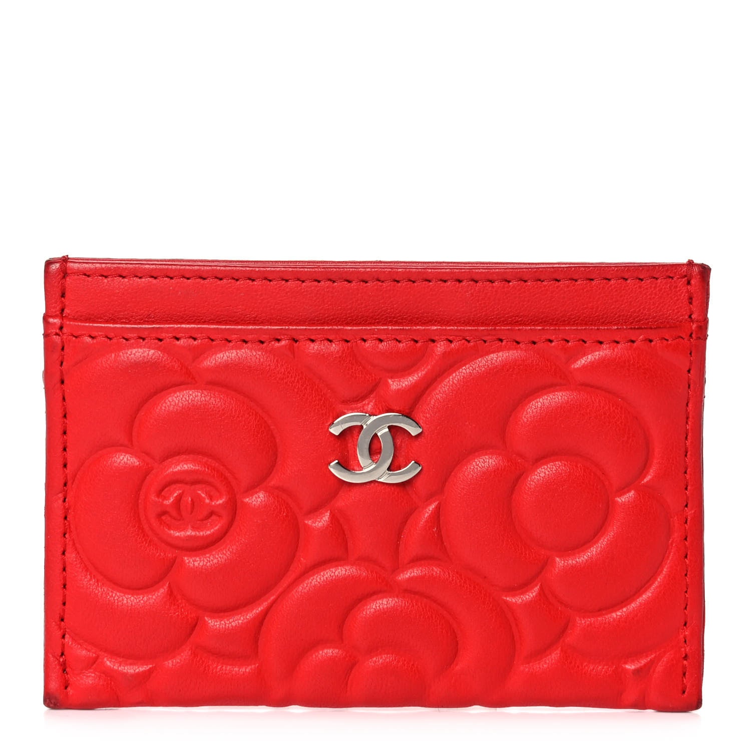 Chanel Lambskin Camellia Embossed Card Holder Red 1 of 14