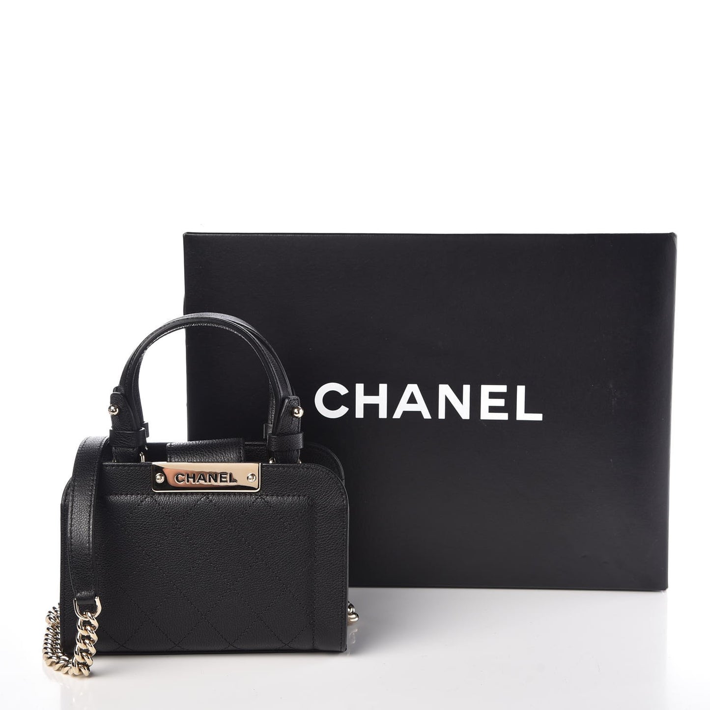Grained Calfskin Stitched Mini Label Click Shopper Tote Black