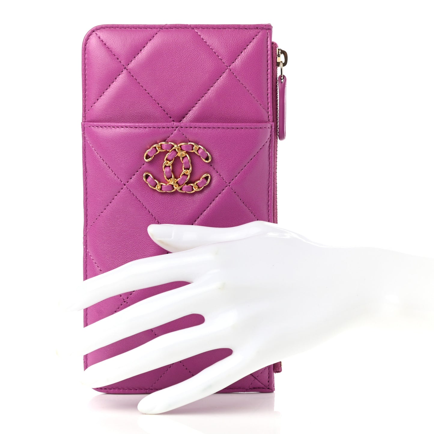 Lambskin Quilted Chanel 19 Phone and Card Holder Purple