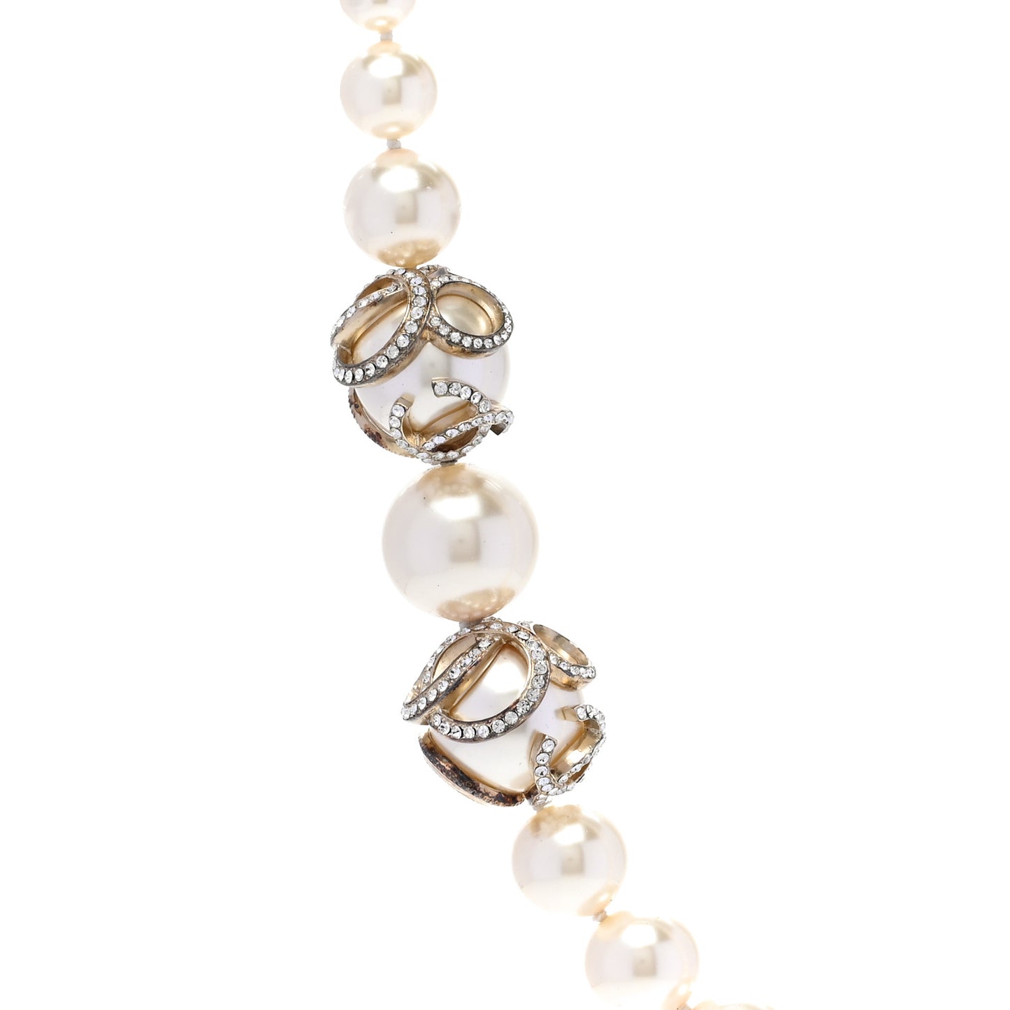 Pearl Crystal CC Long Necklace Gold Pearly White
